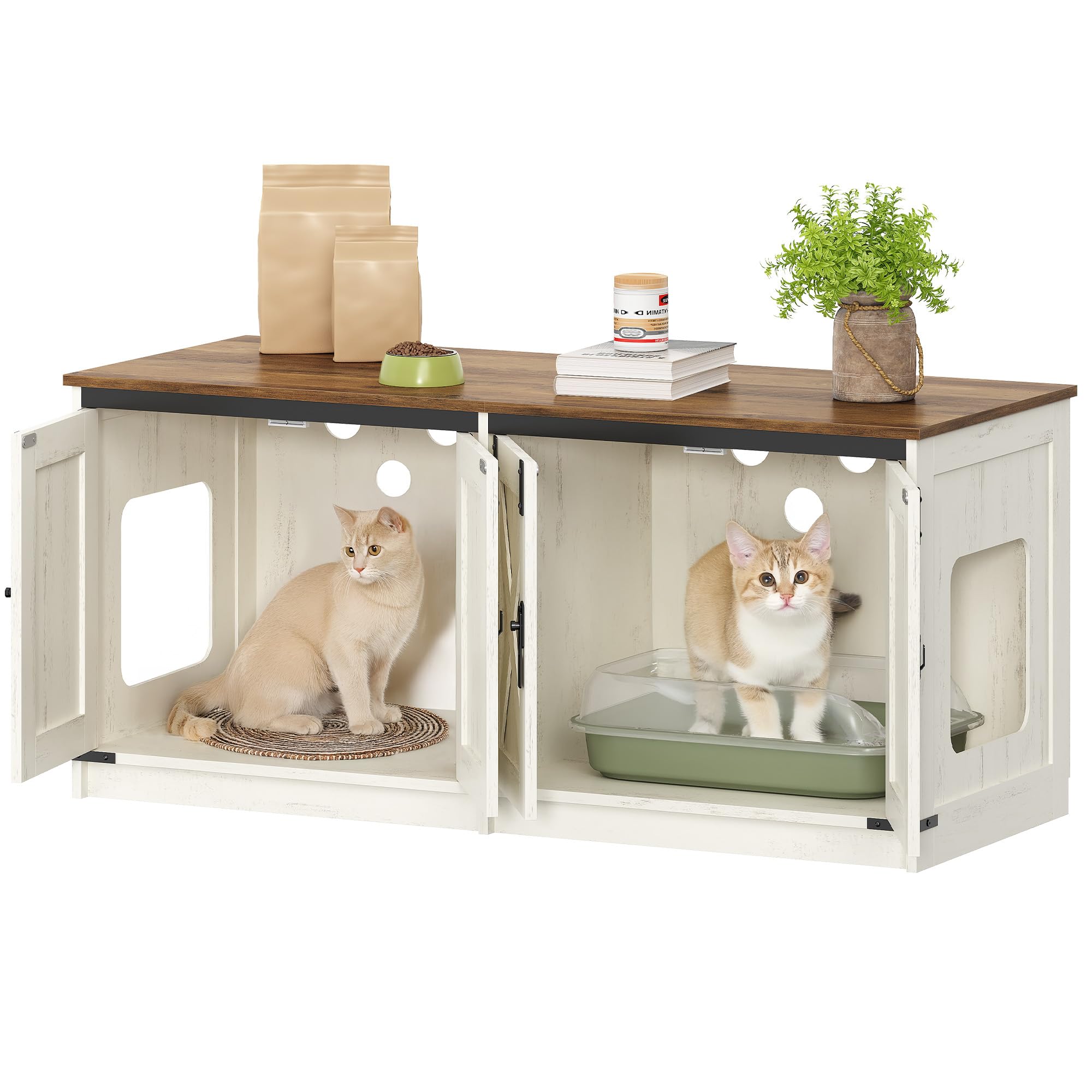 Hzuaneri Maison de Toilette Chat, Meuble Litiere pour 2 Chats, Meuble pour Bac à Litière Caché, Maison pour Chat D'intérieur, Style Ferme, 119 x 48 x 53,5 cm, Marron Rustique et Blanc CB85314X