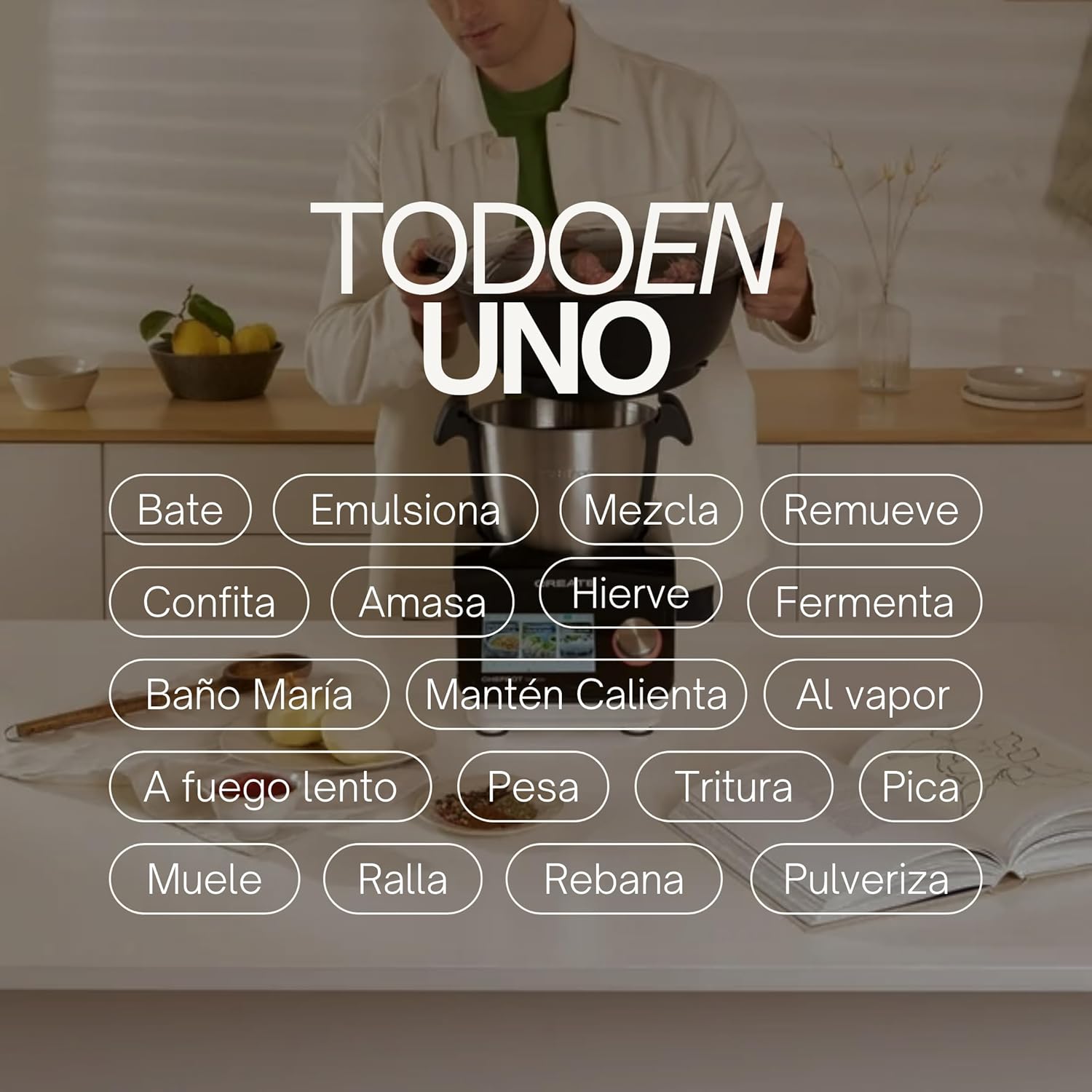 Image showing various cooking functions like beat, emulsify, mix, stir, confit, knead, boil, ferment, bain-marie, keep warm, steam, slow cook, weigh, crush, chop, grind, grate, slice, pulverize.