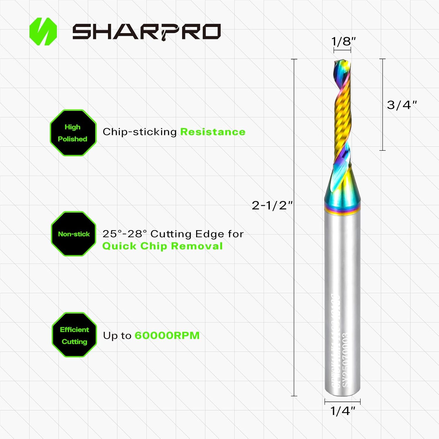 O Flute Upcut Spiral Router Bit 1/4 Inch Shank 1/8" Cutting Dia. 3/4" CL. 2-1/2"OVL. Carbide Single Flute CNC Router Bit, Ideal for Aluminum, Plastic, Acrylic, Wood, MDF and PVC