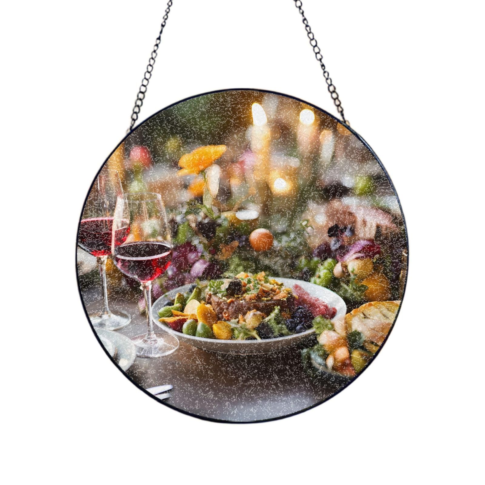 Phayah Candlelit Dinner Print Stained Glass Window Hanging Sun Catchers Decoration Mother'S Day Birthday Gifts For Home Garden Porch 10in（25cm）