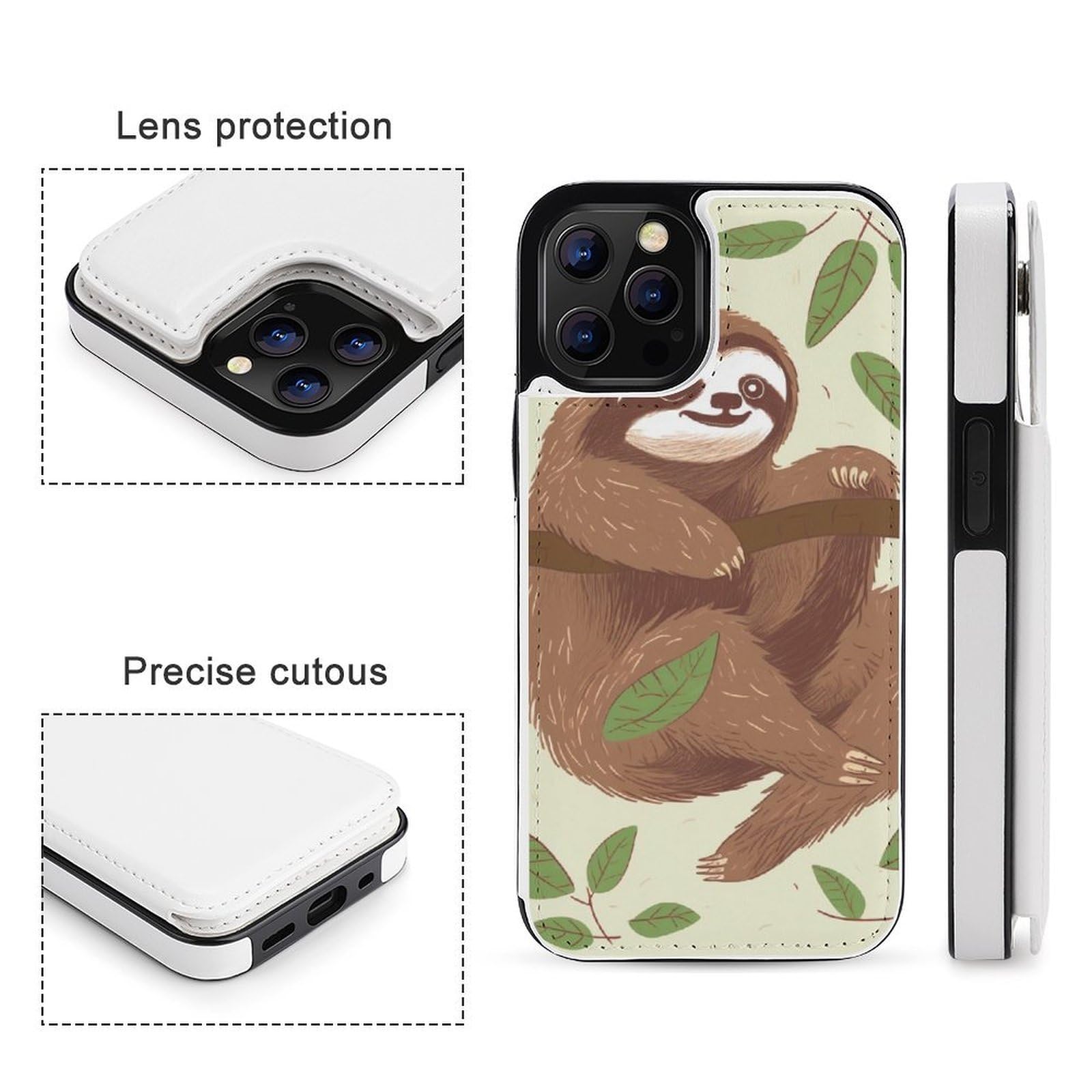 Fundas tipo cartera para iPhone 12 Pro, con estampado de perezoso marrón, funda de piel con ranuras para tarjetas