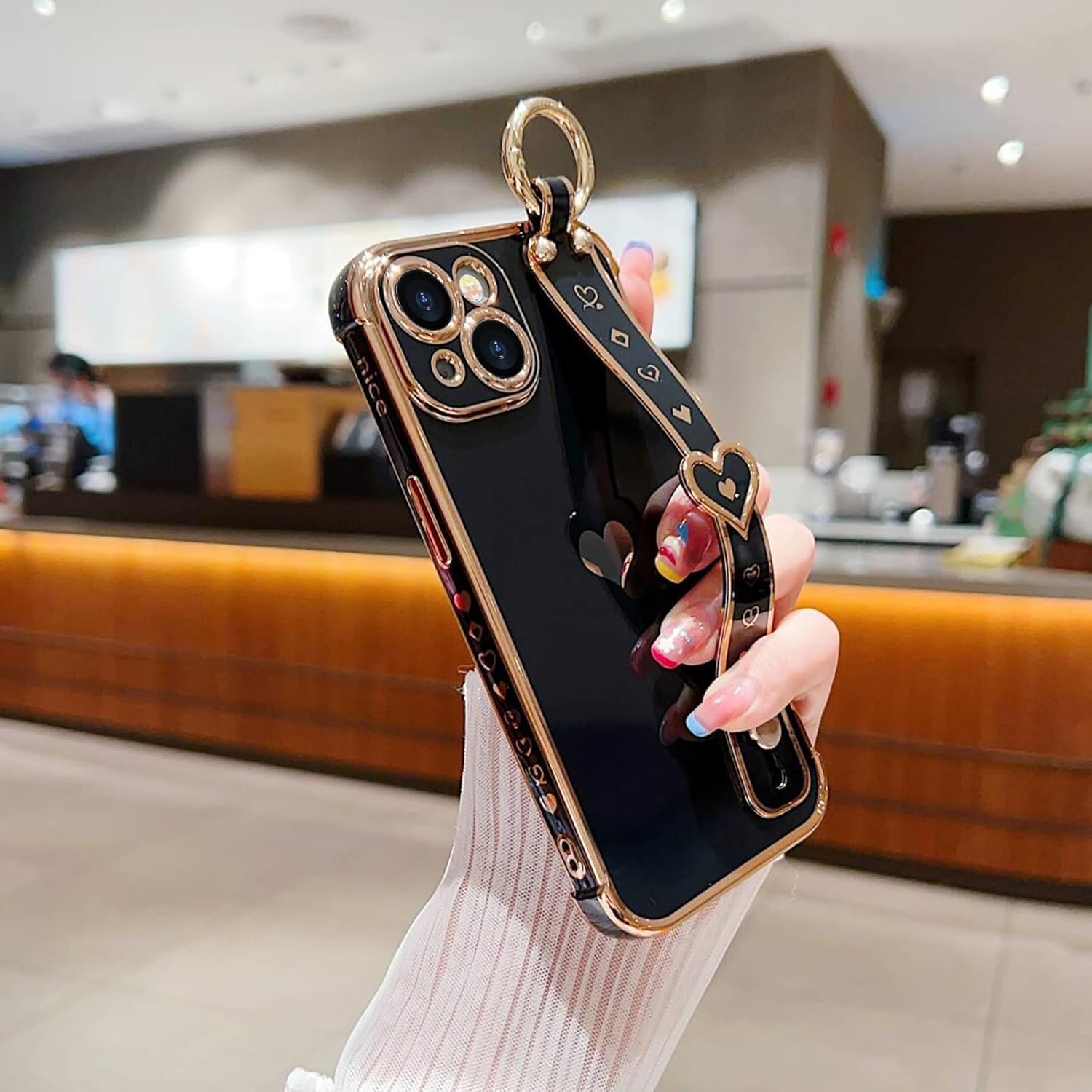 for iPhone 14 Case Cute Love-Heart Plating Strap Phone Cover for Women Girls Bling Soft Silicone Camera Lens Protection Bumper Shockproof Phone Case for iPhone 14 (6.1'')-Black - Image 2