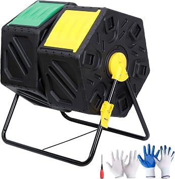 JupiterForce Dual Chamber Composting Bins, Rotating Tumbling Compost Tumbler with 2 Sliding Doors for Outdoor Gardens, All Season, Yards Waste, Black 37 Gallon...