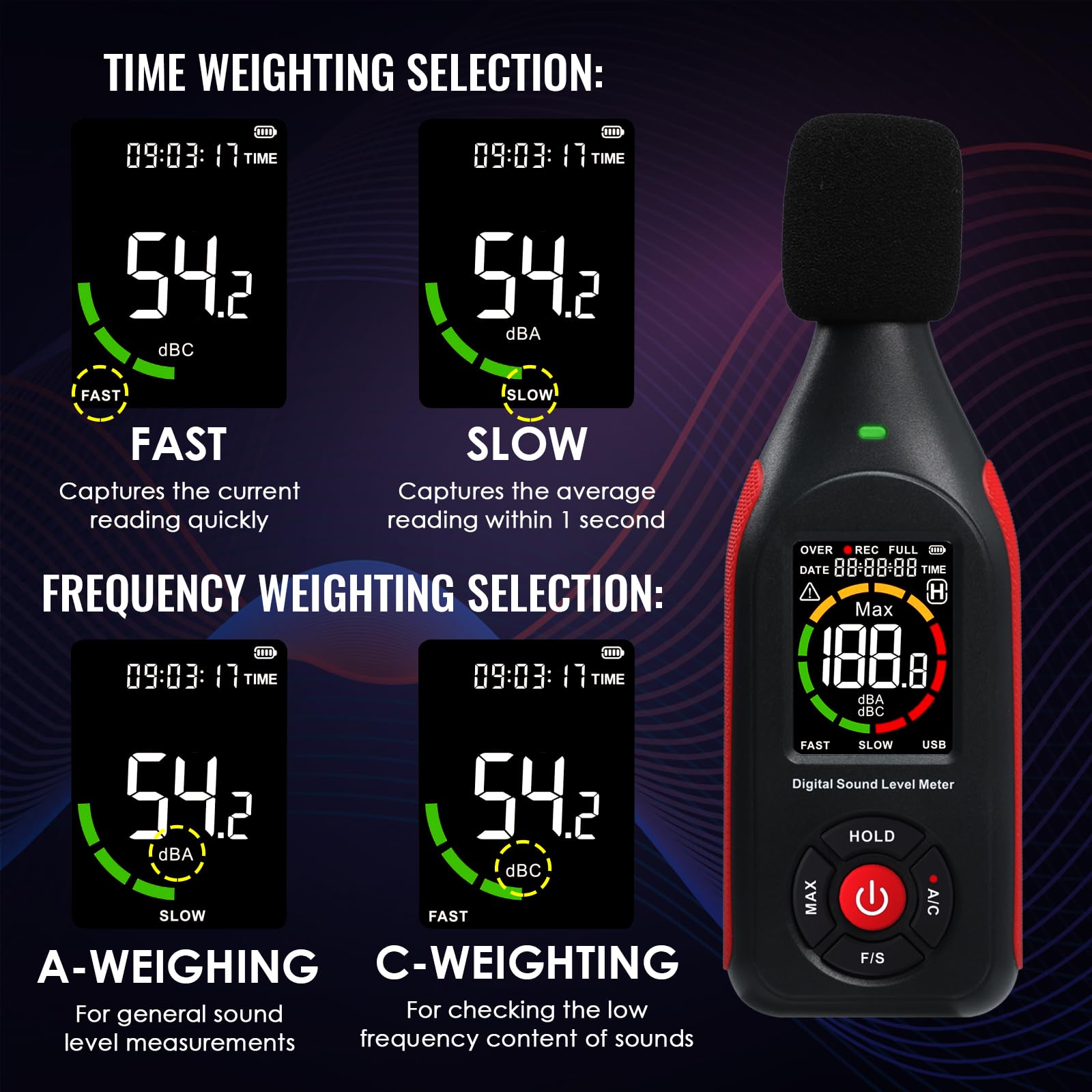 Misuratore di rumore acustico Misuratore di livello sonoro Misuratore dB SPL Misurazione del rumore ambientale in tempo reale, frequenza A/C 31.000 registrazioni di dati Misuratore di decibel.