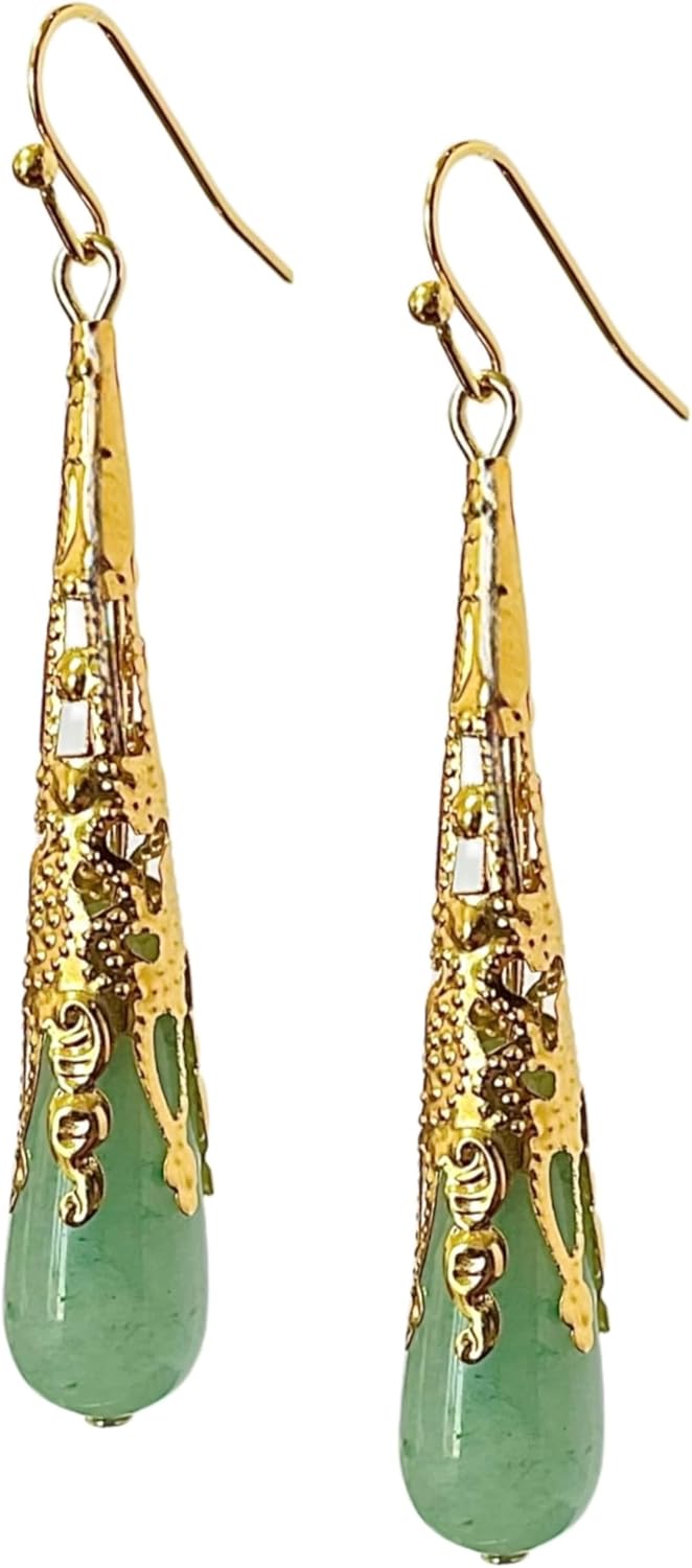 Natural Jade Long Teardrop Statement Earrings, Genuine Green Jade Dangle Earrings in Gold/Silver Plated, Birthstone Jewelry, Gifts for Mom Women Girls