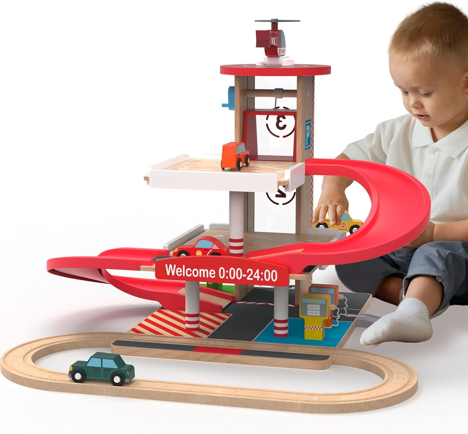 Toy Car Garage with Rails, Wooden Parking Garage Toy Playset w/Elevator, Toddler Race Car Ramp Track Toy Set with 4 Mini Cars for Old Boys and Girls Kids Ages 3+ Birthday Gift Christmas
