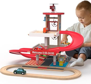 Wooden Parking Garage Toy Set for Toddlers Ages 3-5