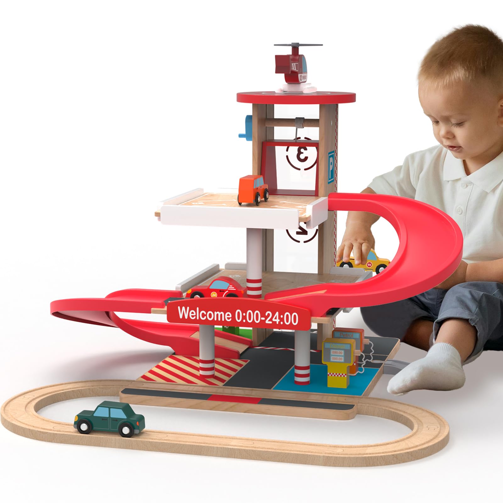 Wooden Parking Garage Toy Set for Toddlers Ages 3-5