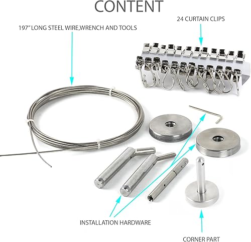 Miniatura 2 de Wallniture Barra de alambre de cortina de acero inoxidable Cromo de acero inoxidable 16.5 pies 24 clips para colgar