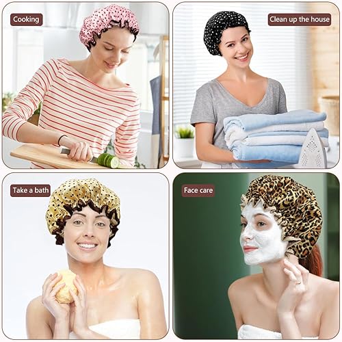Miniatura 4 de Gorro de ducha de 4 piezas para mujer, doble capa de protección, elástico y reutilizable, adecuado para gorros de ducha, cocinas y maquillaje