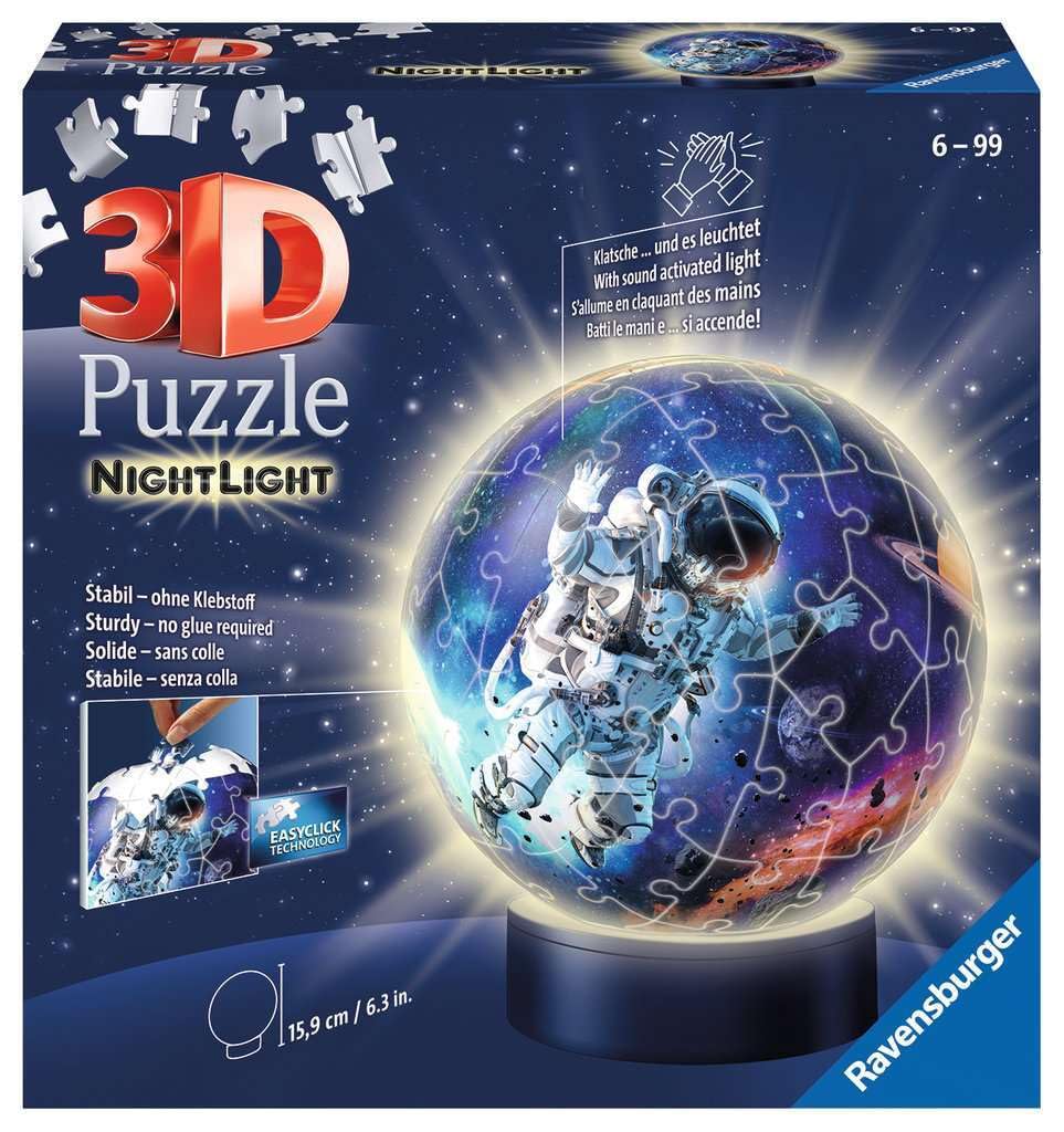 Ravensburger - Puzzle 3D Ball illuminé - Les astronautes - A partir de 6 Ans - 72 pièces numérotées à Assembler sans Colle - Socle Lumineux Inclus - 11264