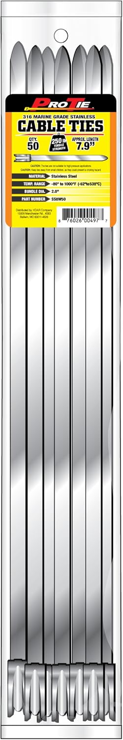 Pro Tie Wide Stainless Steel Cable Ties for Indoor and Outdoor Use, 316 Marine Grade Stainless Steel | 7.9-Inch, 100 lbs. Tensile Strength, 50-Pack (PN: SS8W50)