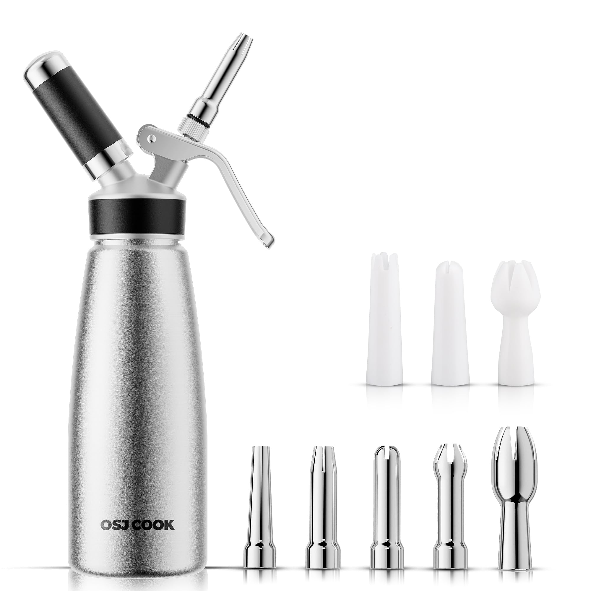 professional aluminum whipped cream dispenser - 500 ml/1 pint,leak-free whipped cream maker canister with 8 decorating nozzles & cleaning brush - n2o chargers (not included) (silver, 500ml)