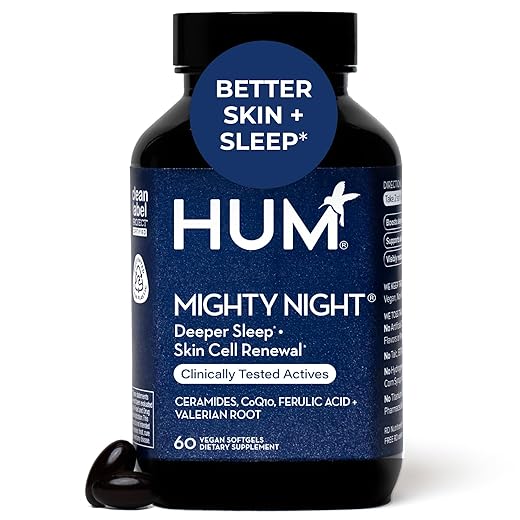 HUM Mighty Night Nighttime Sleep Supplement for Skin Care, CoQ10, Valerian Root & Ferulic Acid to Support Cell Turnover, Skin Vitamins for Women and Men, Overnight Beauty Vitamins, 60 Vegan Softgels