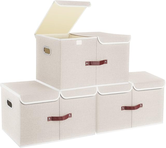 TYEERS Extra Large Storage Box with Lids and Compartments, Collapsible, Washable, Fabric Box with Lid for Clothes, Wardrobe Storage, Toy Storage - Set of 3 - Beige