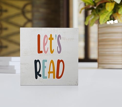 Miniatura 2 de Letrero de madera con texto en inglés "Let's Read", decoración de escritorio para el hogar, aula, rincón de lectura, sala de lectura, decoración de