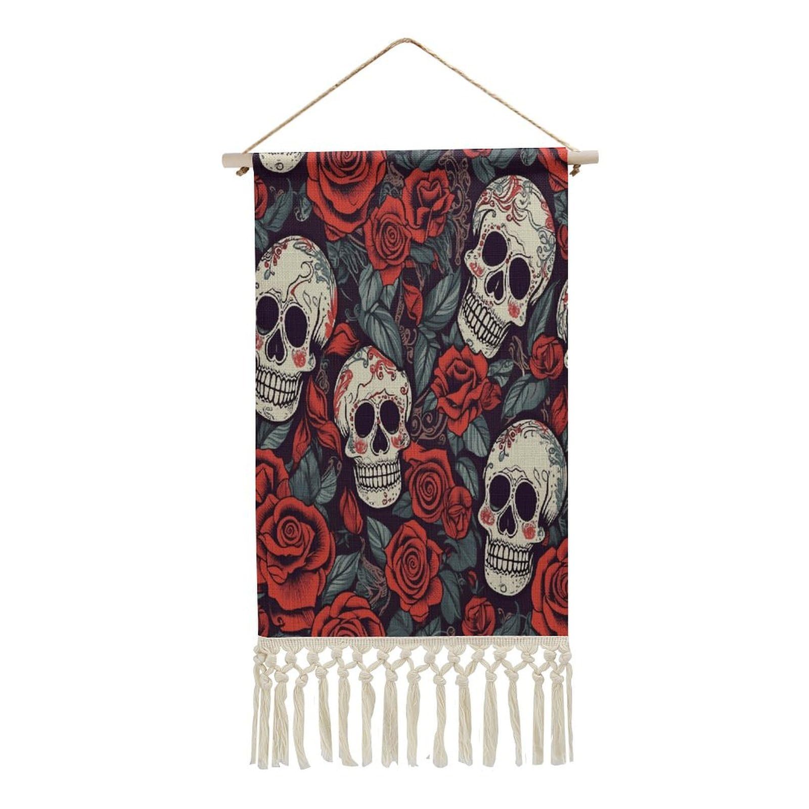 Adfgyerh Style Sugar Skulls And Red Roses Tapestry With Tassels Cotton And Linen Hanging Posters, Wall Art For Travel Gift, Wall Tapestry For Office Home Decor Bedroom Living Room Decor