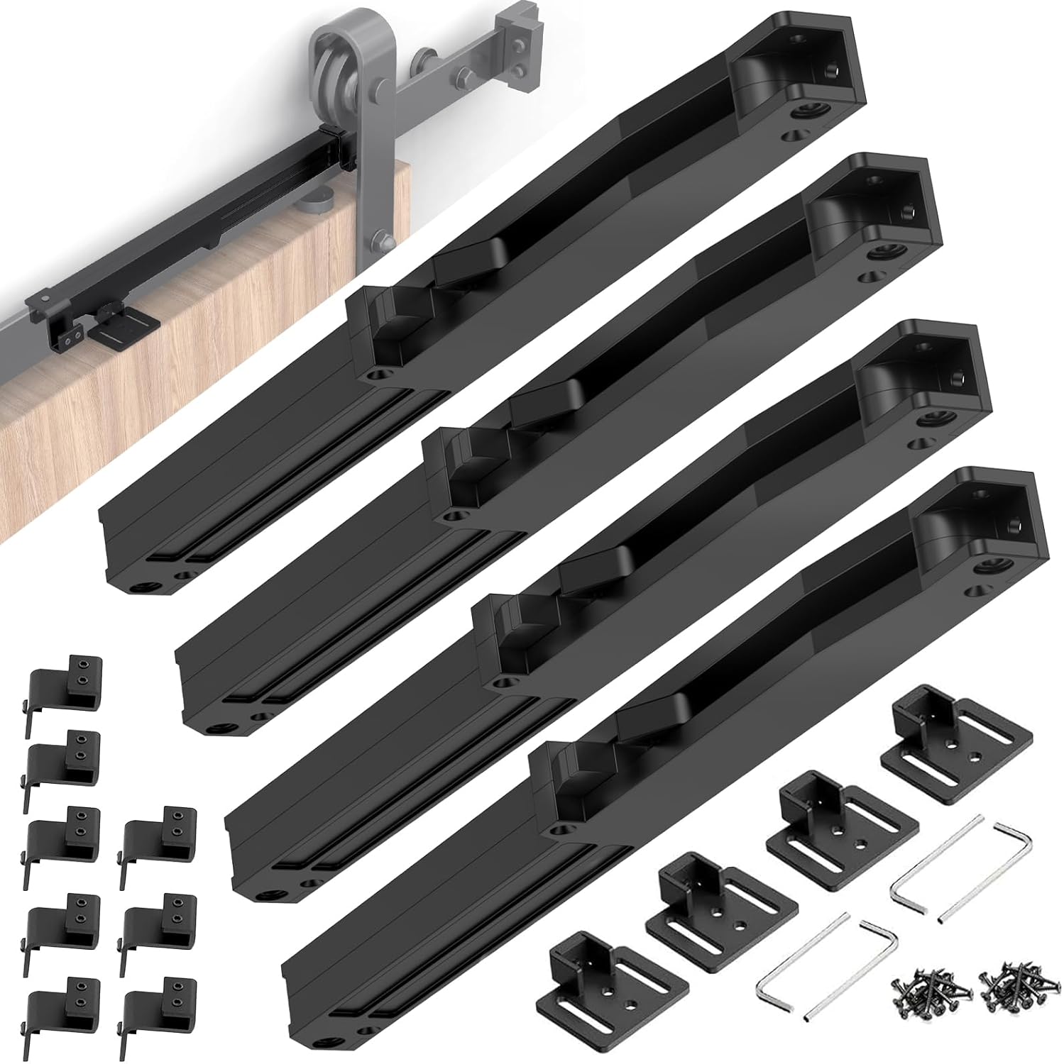 Barn Door Soft Close Hardware Kit - Upgrade Adjustable Stopper & Damper for Sliding Doors 88-132 lbs,Universal Fit for Top Track Systems No Hole Installation Includes Spacers(4 Pack, Black)