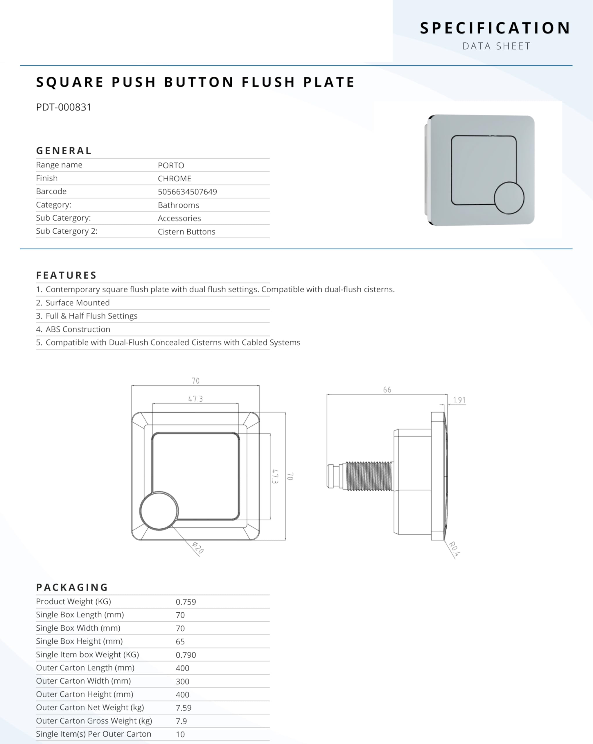 FLODE Placa de descarga cuadrada con botón de presión – Panel de botón de descarga de inodoro cromado – Placa de pared moderna de doble descarga para cisternas ocultas – Accesorio de baño fácil de