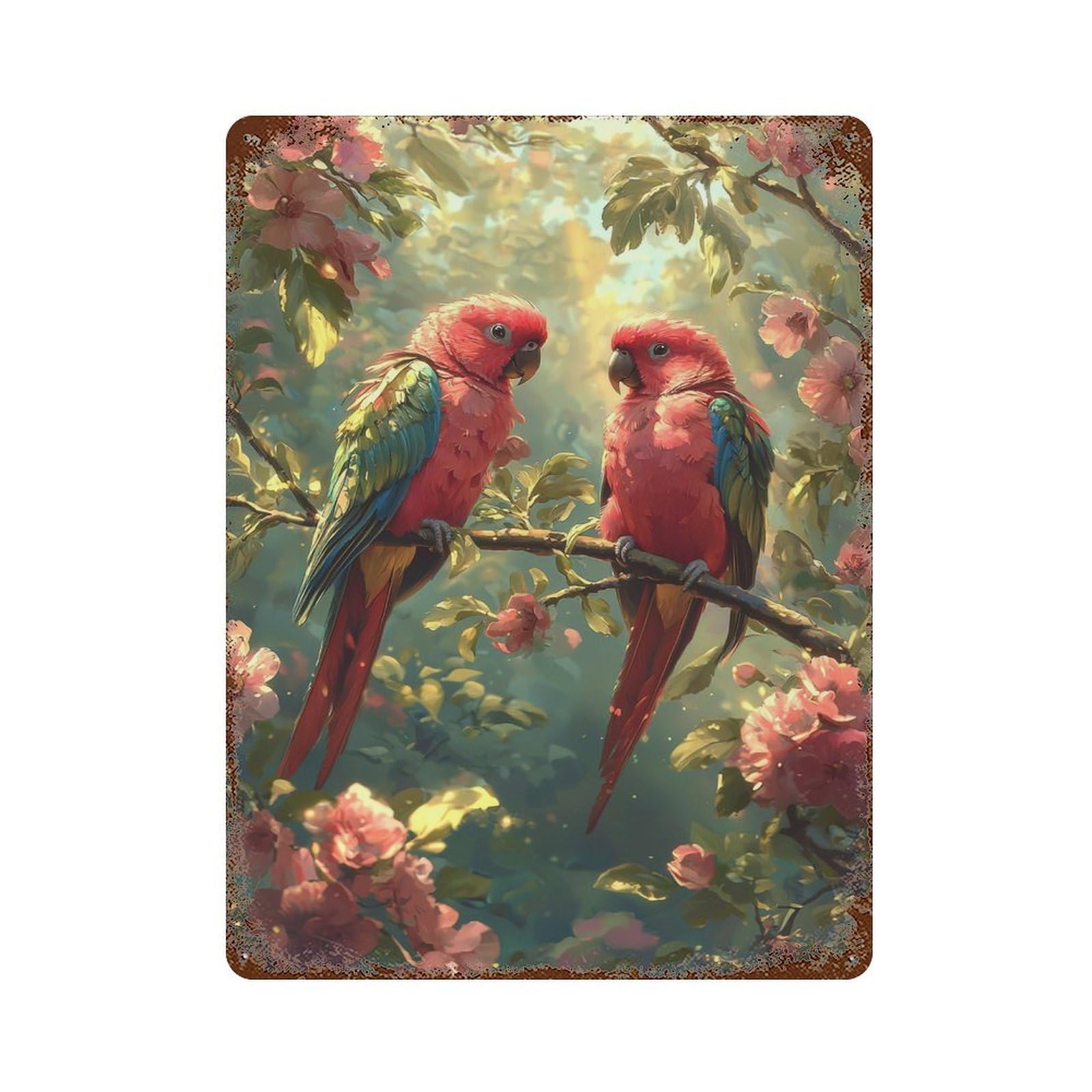 Rust Effect Parrots in Blossom Garden Rustic Tin Plaque 15.7"x11.8", Shabby Chic Decor for Basement, Hobby Room And Garage Decor