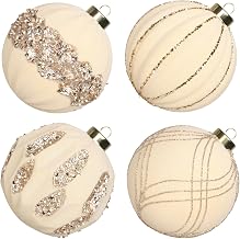 SY Super Bang 4 Inch Large Velvet Cream White Christmas Ornaments, Flocked Christmas Tree Hanging Ball Decorations Assortment, for Holiday Birthday Wedding Xmas Party Decor, 100MM