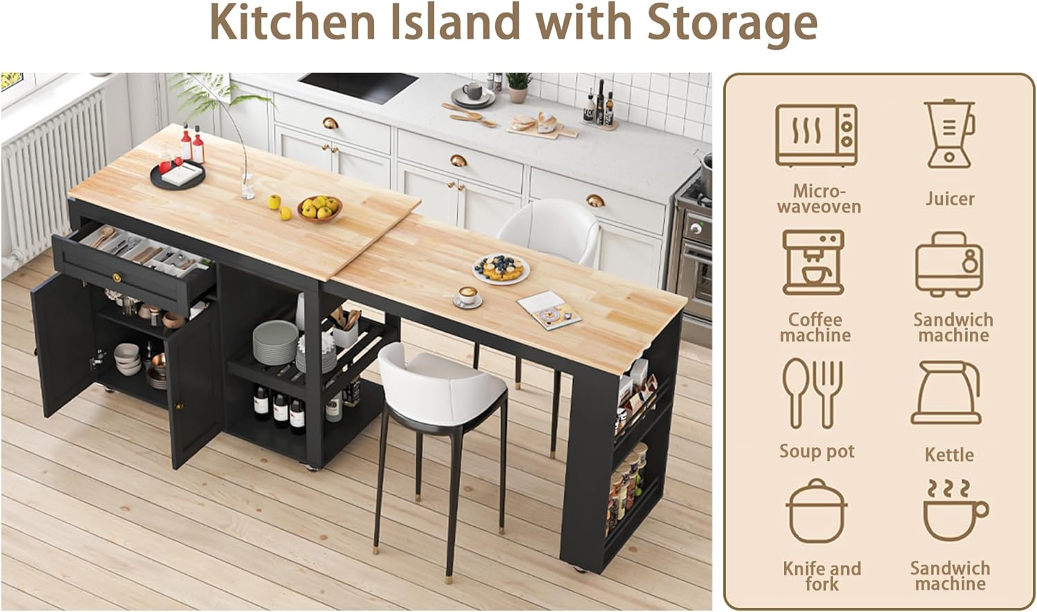 JassmiPkwy 78'' Rolling Kitchen Island with Extendable Dining Table for 4, Kitchen Islands w/Pull Out Table on Wheels, Drawer, 2-Tier Storage Shelf, Black