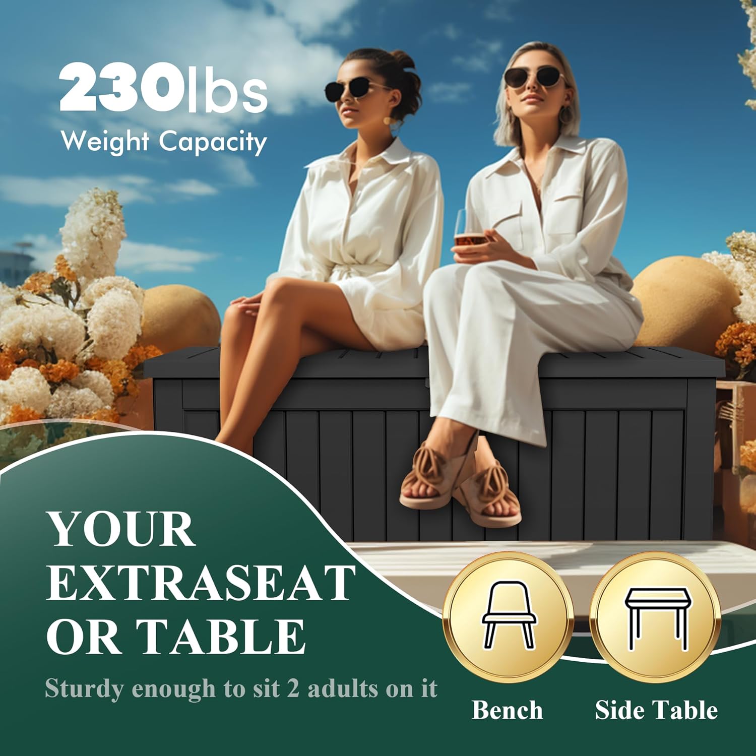 Two people sitting on the PatioZen Deck Box, demonstrating its use as a bench.