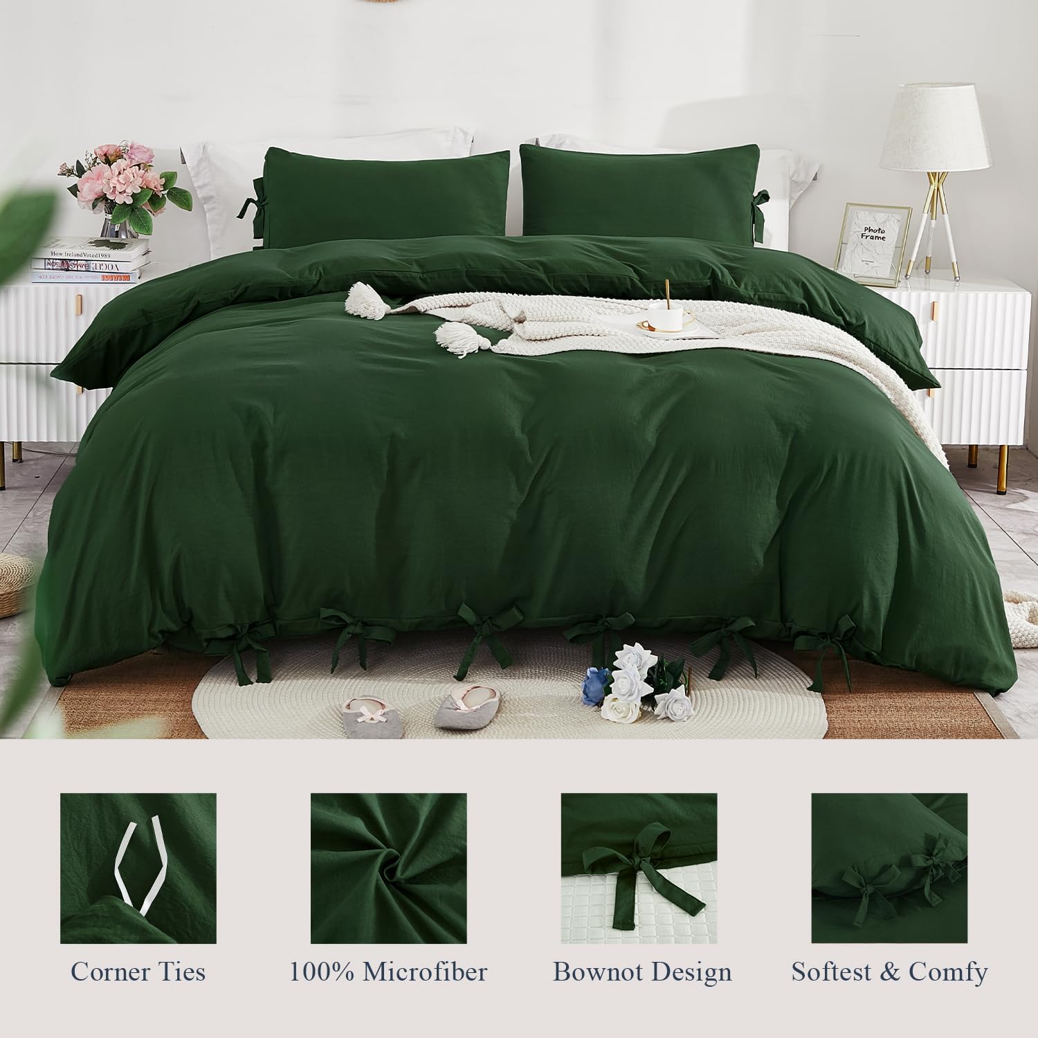 annadaif Dark Green Duvet Cover Queen Size, 3 Pieces Duvet Cover Set | Soft Washed Comforter Cover ,Bowknot Bow Tie, (1 Duvet Cover 90x90 Inch, 2 Pillowcases) ,Easy Care Bedding Set