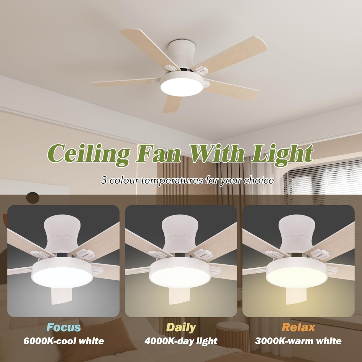 42 inch Smart Ceiling Fan with Light with Remote /App /Alex , Flush Mount, Quite 6 Speeds Reversible DC Motor, Dimmable LED Lamp for Living Room,Dining Room,Bedroom wood color