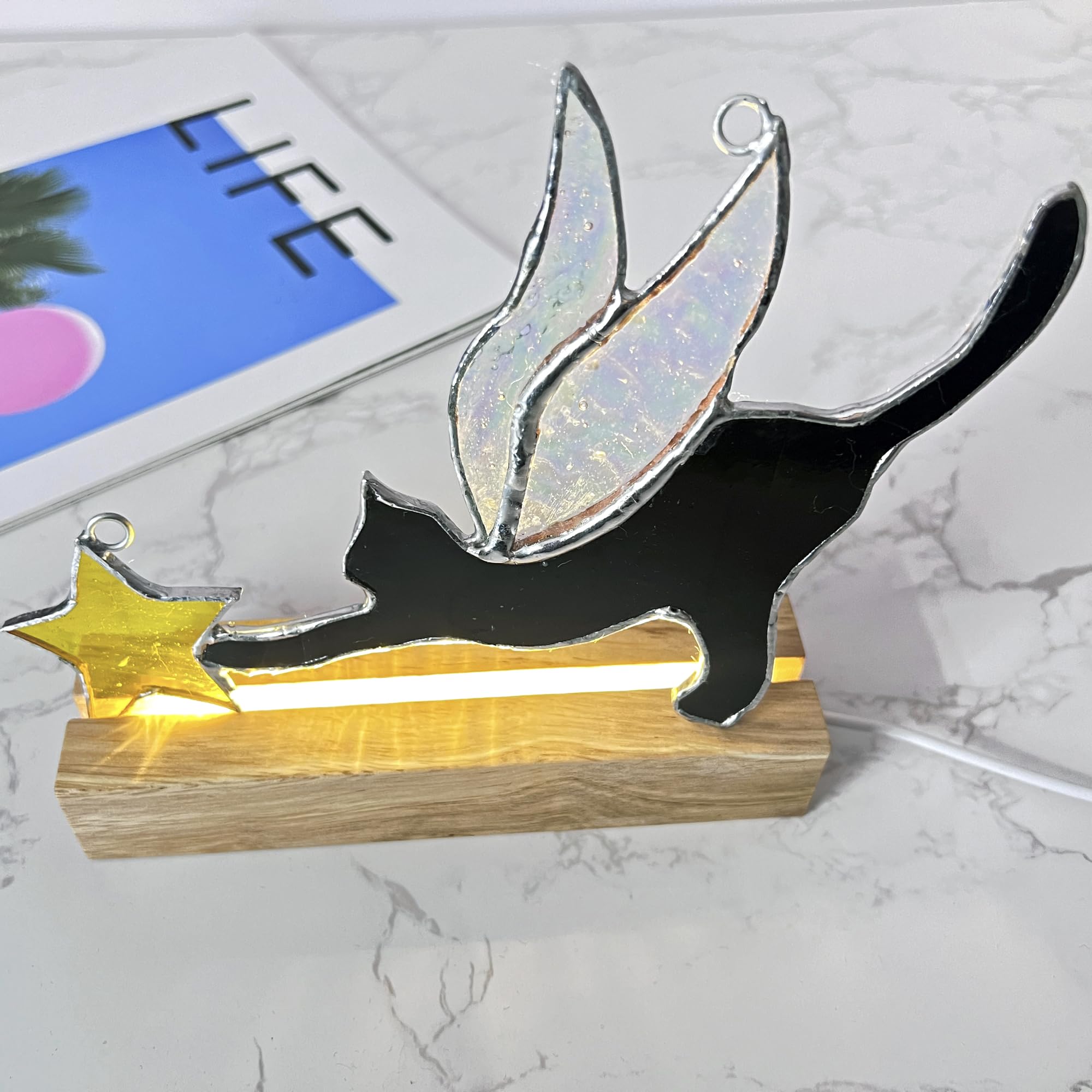 Cat With Angel Wings Stained Glass Suncatcher - Pet Memorial Gift, Black Cat Home Decor, Window Hanging