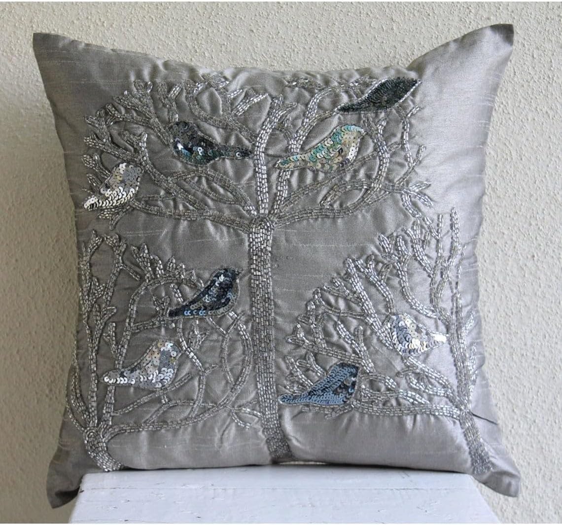 The HomeCentric Throw Pillow Covers, Grey Designer Toss Pillow Covers 16x16 inch (40x40 cm) Silk Throw Pillow Covers, Birds, Pigeon, Sequins Embellished, Contemporary Pillows Cover - Silver Pigeons