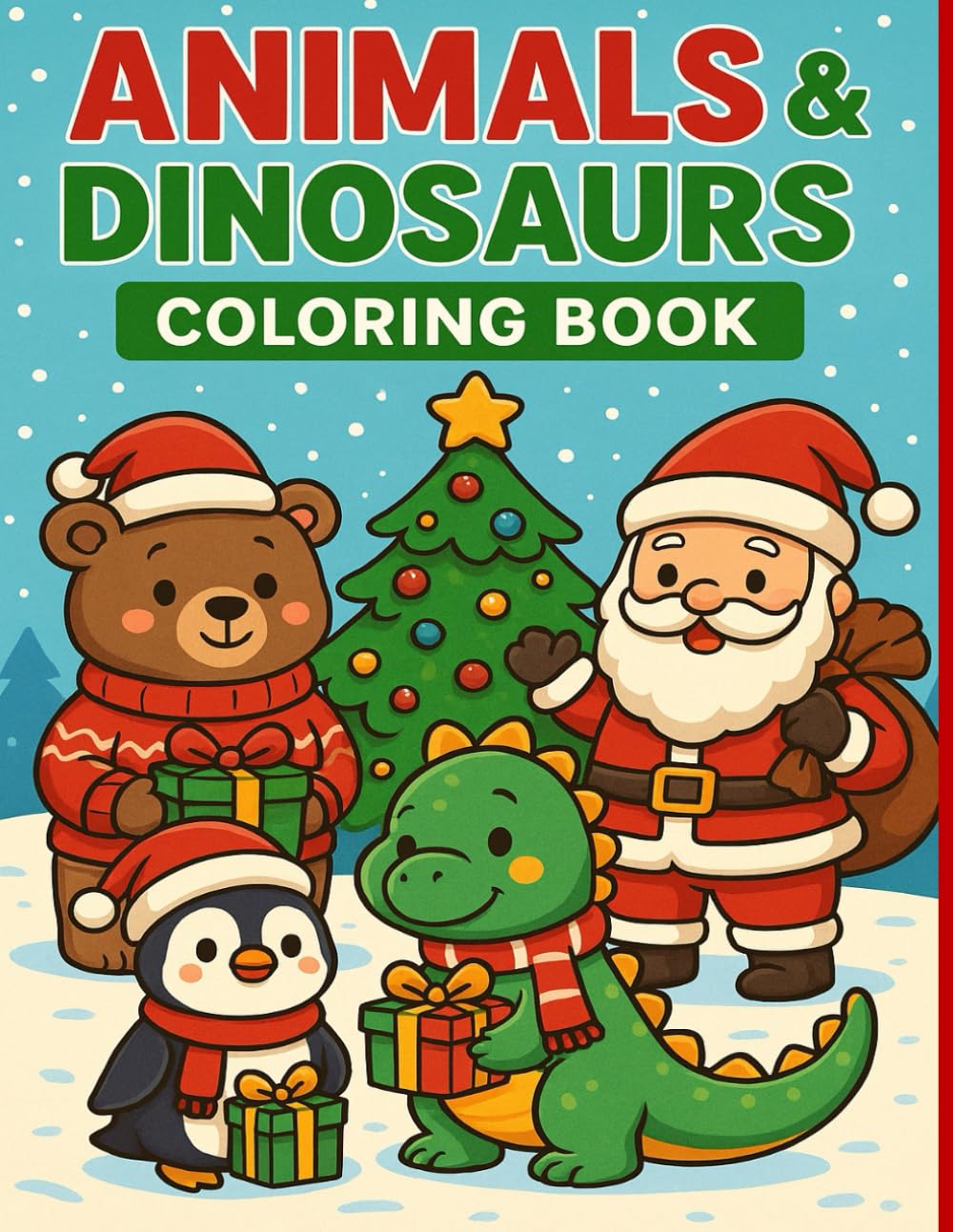 Christmas Coloring Book: Cute Animals & Dinosaurs: 30 Fun and Easy Christmas Illustrations for Kids Ages 2–6