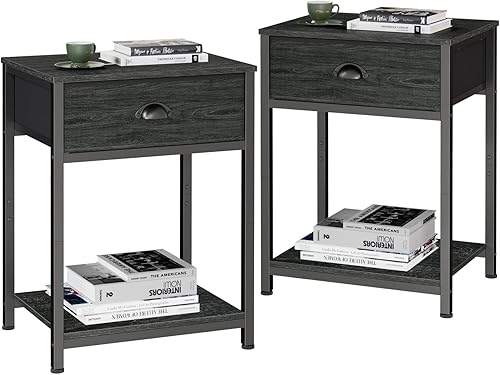 Miniatura 12 de Furologee Mesa auxiliar con estante de almacenamiento y cajón de tela, mesita de noche industrial de 2 niveles, organizador de mesa de noche para