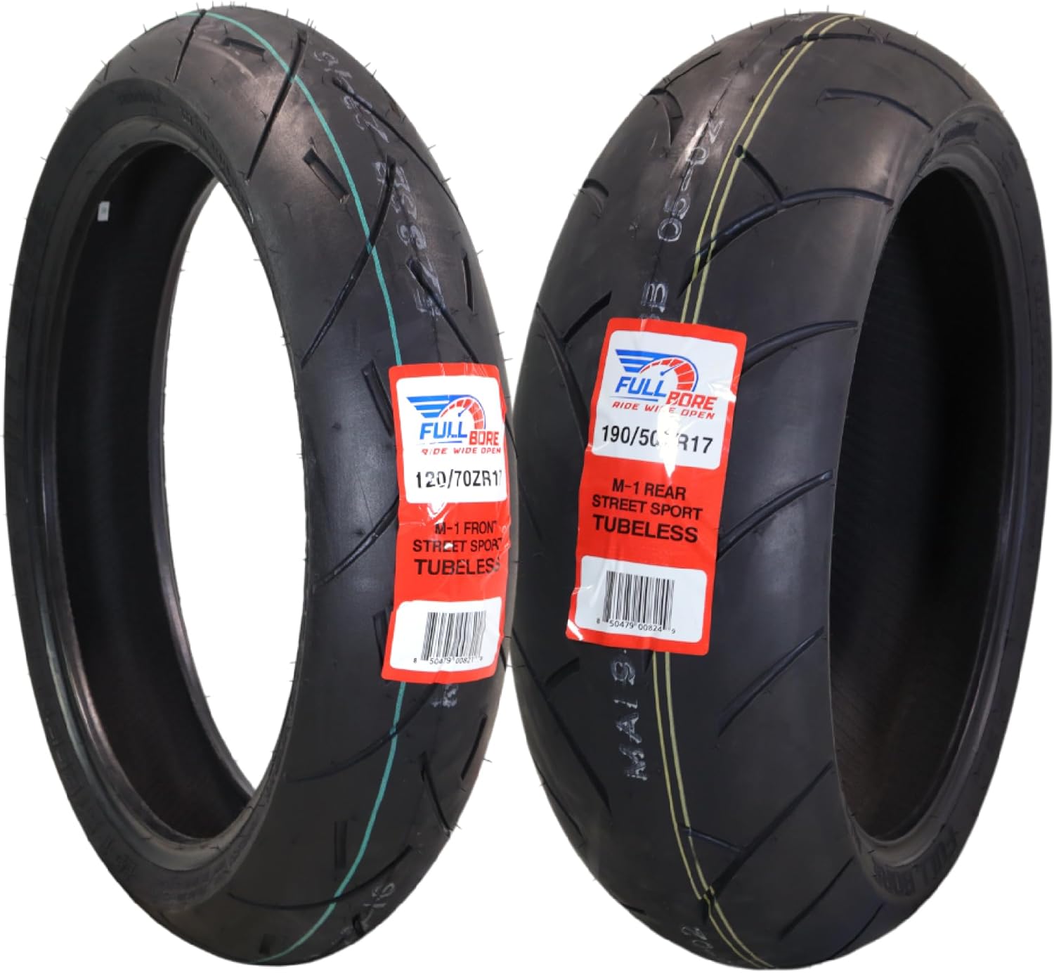 Full Bore M1 120/70ZR17 Front & 190/50ZR17 Rear Motorcycle Tires, High-Performance Radial, Superior Grip & Handling for Street & Track, 120/70-17, 190/50-17, USA Family Owned