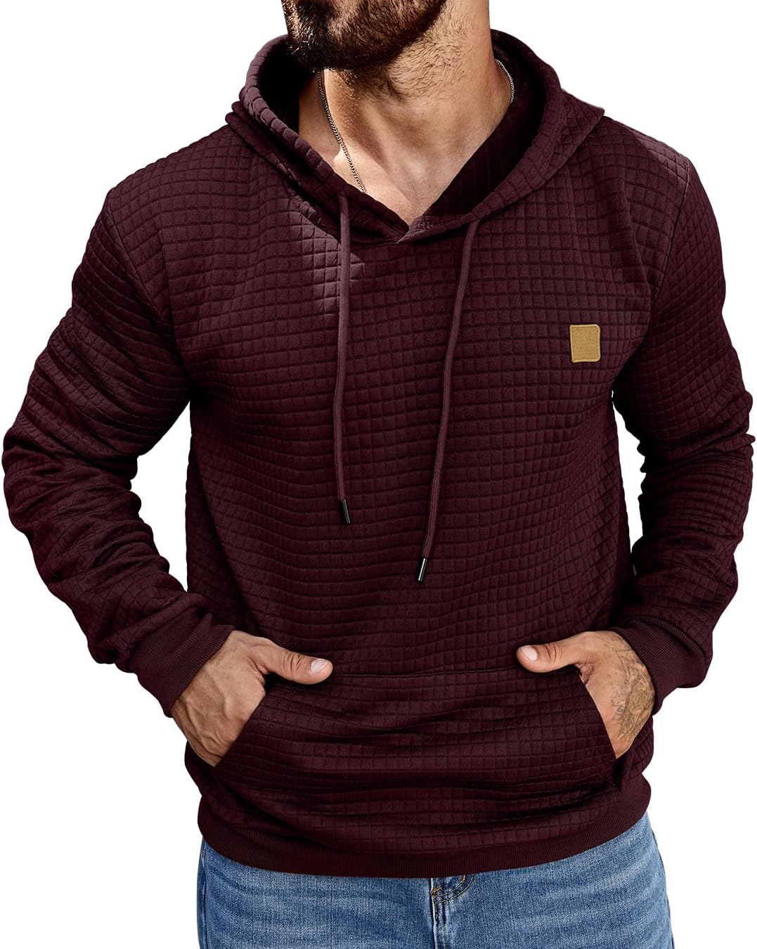 Aiyino Men’s Hoodies Pullover Casaul Long Sleeve Drawstring Waffle Knit Hooded Sweatshirt with Kanga Pocket