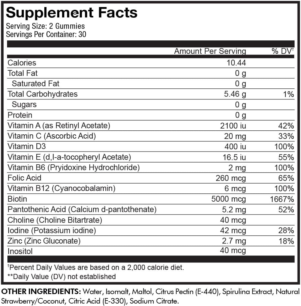 Codeage Hair Gummies, Biotin 5000 mcg, Sugar Free Growth Gummy Vitamins A, C, B6, B12, D3, Zinc, Inositol Supplement, Women & Men, Pantothenic Folic Acid, Nails, Skin, Strawberry Coconut Flavor, 60 ct - Image 4