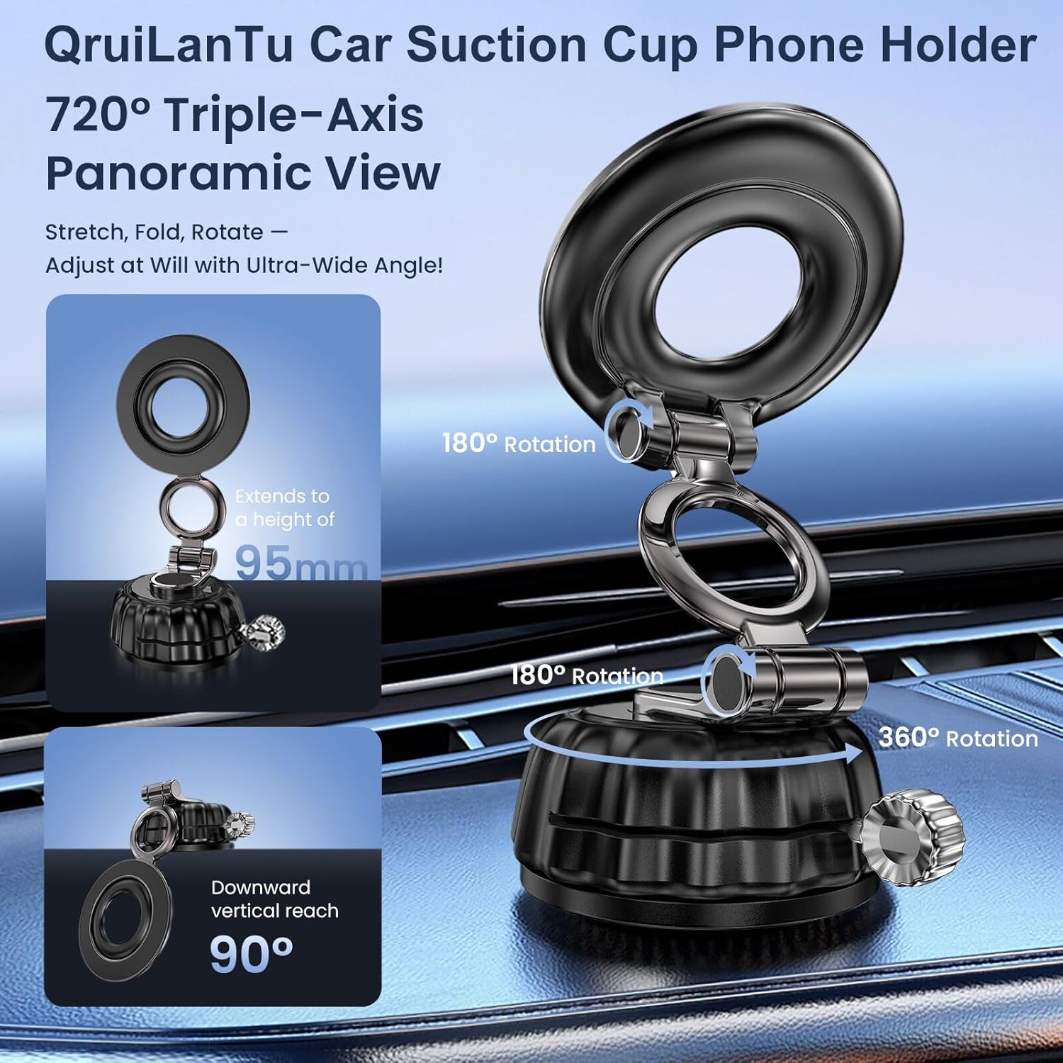 Magnetic Car Phone Holder 720° Rotating Foldable Suction Cup Phone Mount Universal for Dashboard Windshield and Gym Compatible with iPhone 17-12 Series and Android