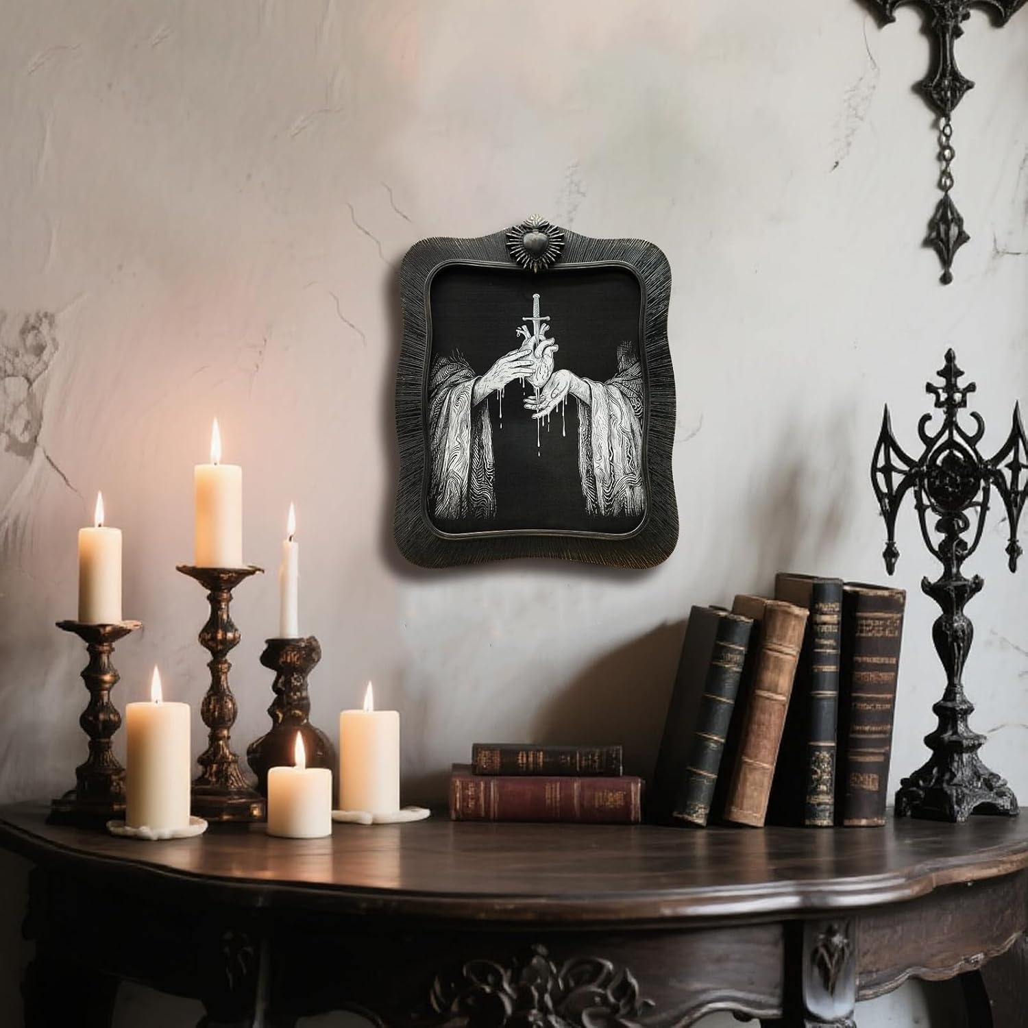 8x10 Vintage Picture Frame, Antique Black Ornate Gothic Photo Frame for Wall Hanging or Tabletop Display, Decorative Heart Relief Design, Retro Home Decor, Photo Gallery Art