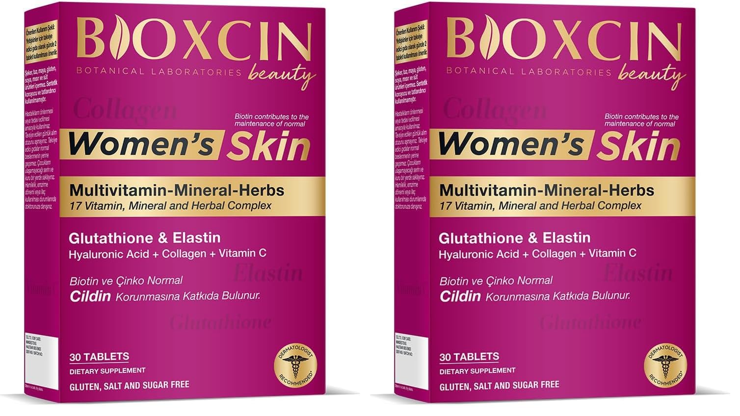 Bioxcin Women's Skin Tablet – Kolajen, Biotin, Glutatyon, Hyaluronik Asit ve Vitamin C İçeren Kadınlara Özel Cilt, Saç ve Tırnak Takviyesi – 30 Tablet (2 paketi)