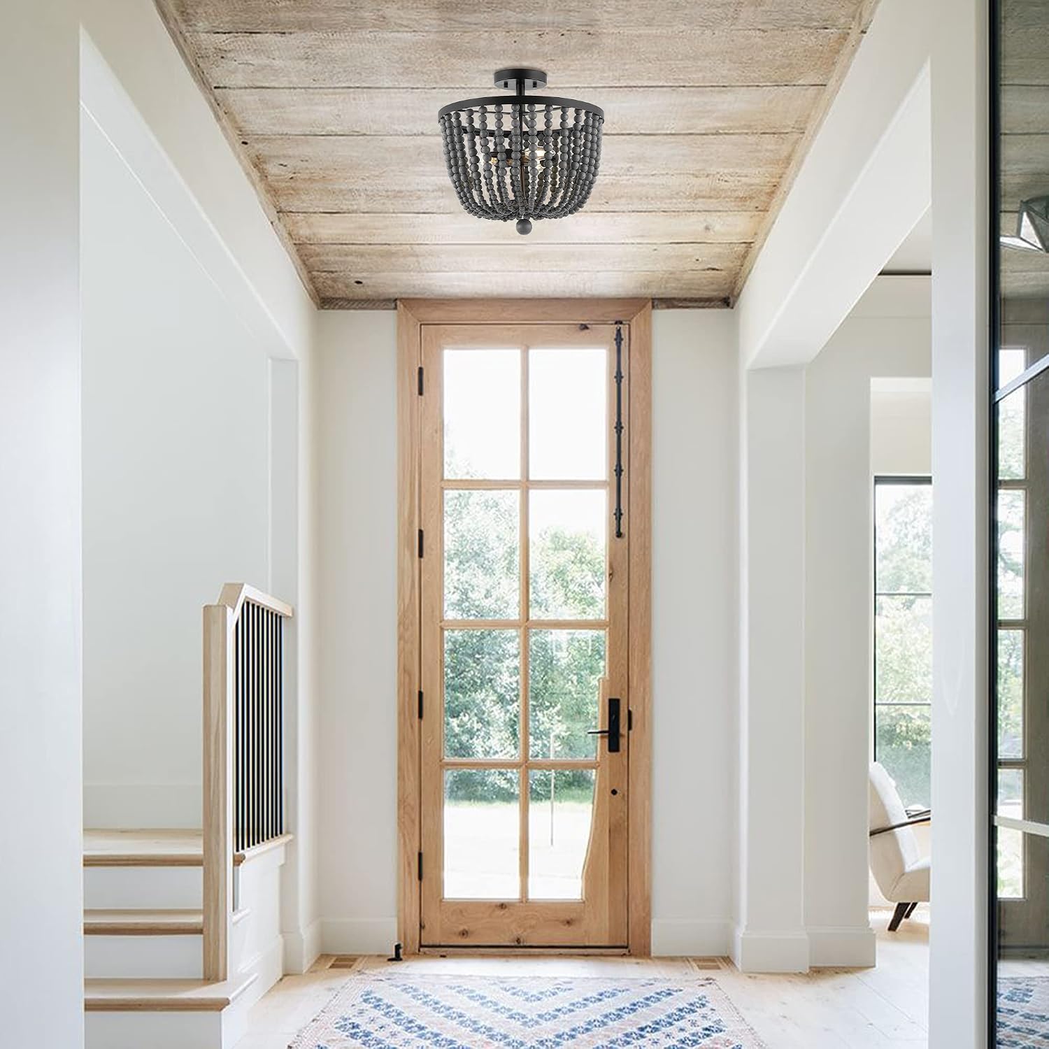 JONATHAN Y 16" Oil Rubbed Bronze and Gray 3-Light Iron and Wood Bead Semi Flush Mount, Bohemian Farmhouse Ceiling Light for Hallway Bedroom, LED Bulbs Included JYL9902A