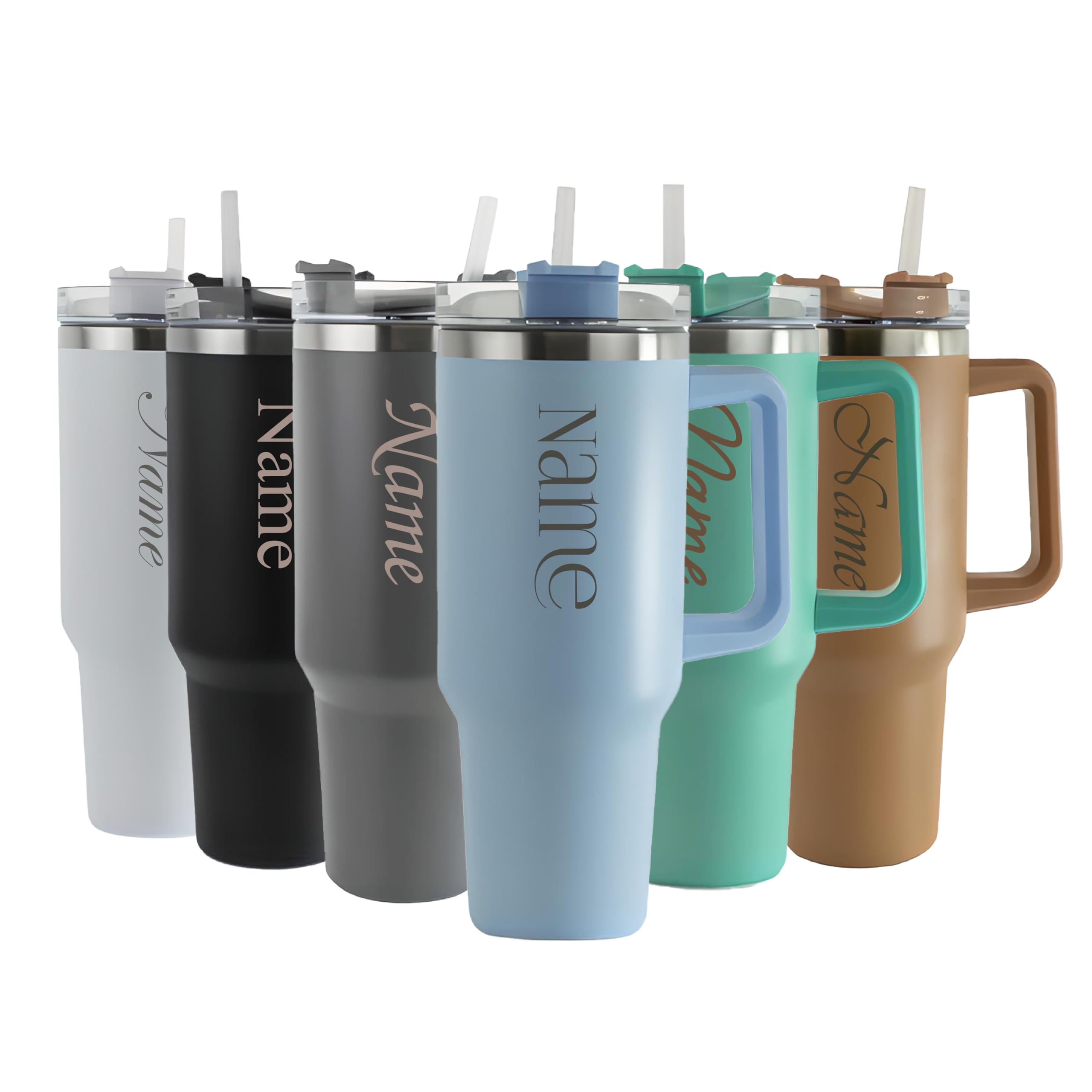 Vaso térmico grabado personalizado, taza de viaje aislada de 40 onzas/1135 ml, taza de café de viaje grande azul claro, personalizable con cualquier nombre y fuente, acero inoxidable, popote y asa