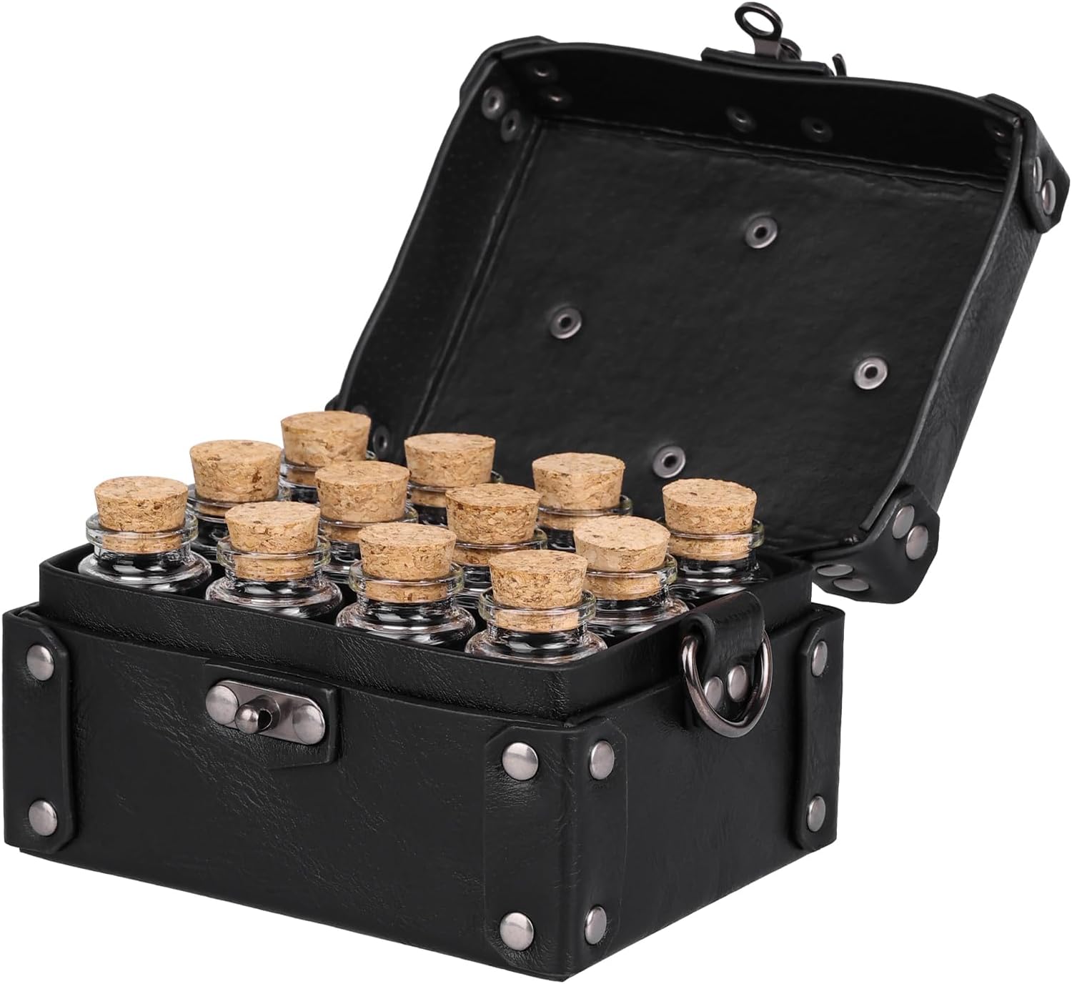 HiiFeuer Medieval Faux Leather Alchemy Box with 12 Cork Potion Vials, Fantasy Portable Crossbody Bag Jewelry Dnd Dice Holder (Brown A)