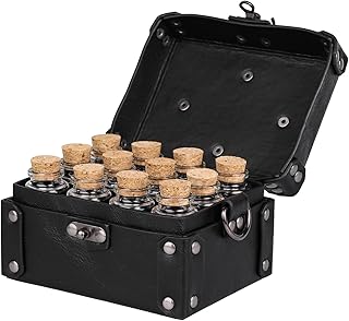 HiiFeuer Medieval Faux Leather Alchemy Box with 12 Cork Potion Vials, Fantasy Portable Crossbody Bag Jewelry Dnd Dice Holder (Black A)
