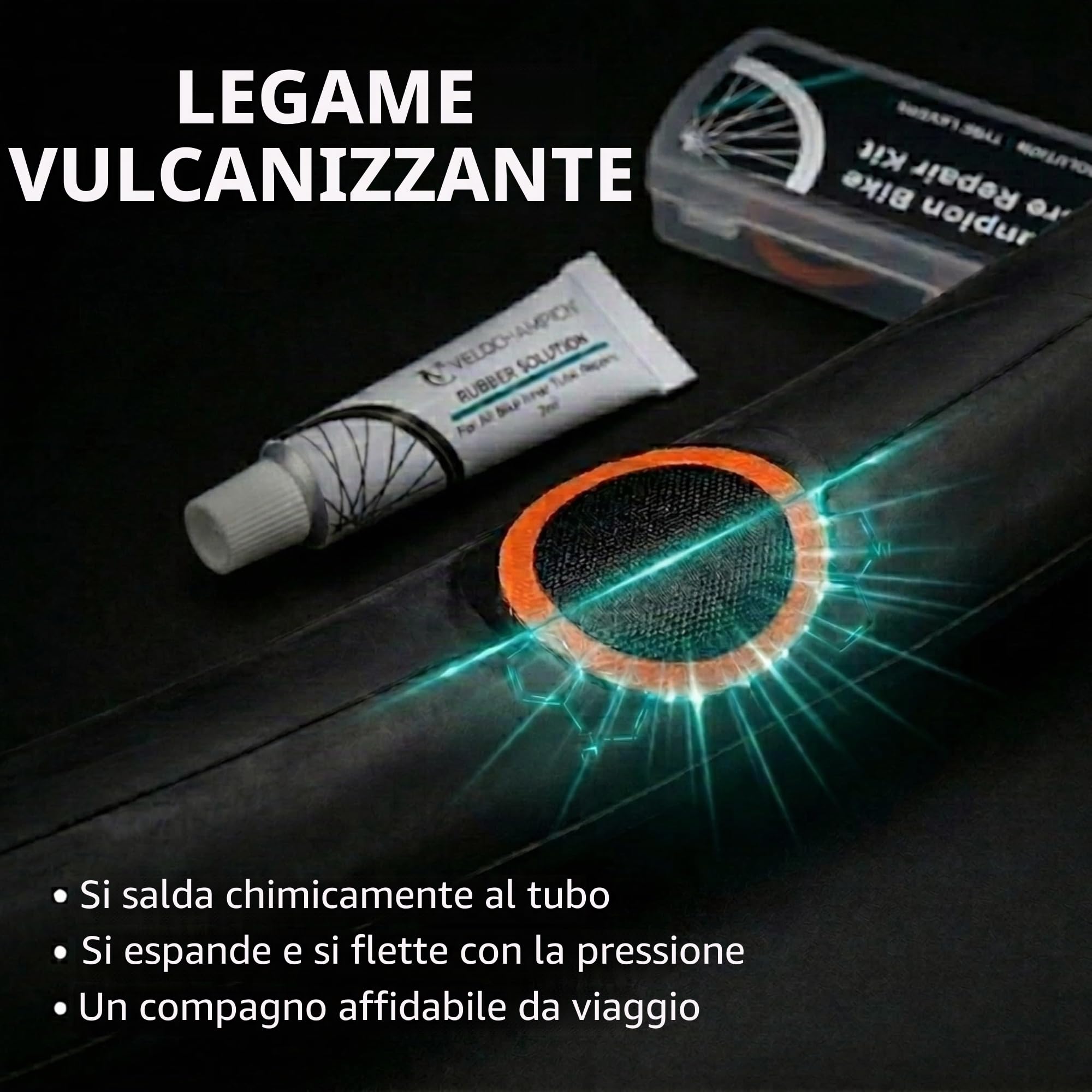 VeloChampion Kit di Riparazione Forature per Bici con Soluzione Vulcanizzante e Custodia Portatile. Per Bici da Strada, MTB e City Bike. Include 11 Toppe di Riparazione e 3 Leve Smontacopertoni.