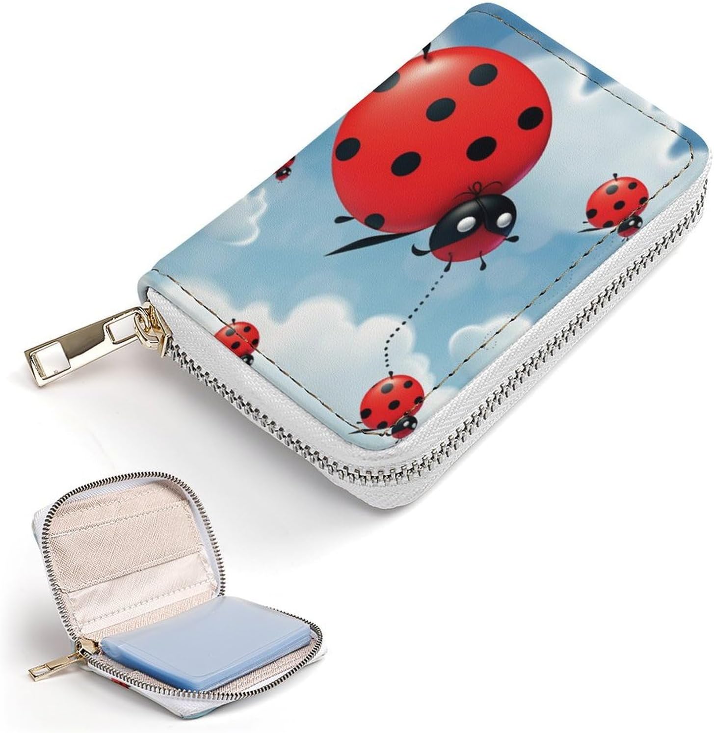Leather Card Organizer Case Card Wallet Credit Card Holder Ladybug And Cloud Printed Zipper Card Cases Holder for Women Men