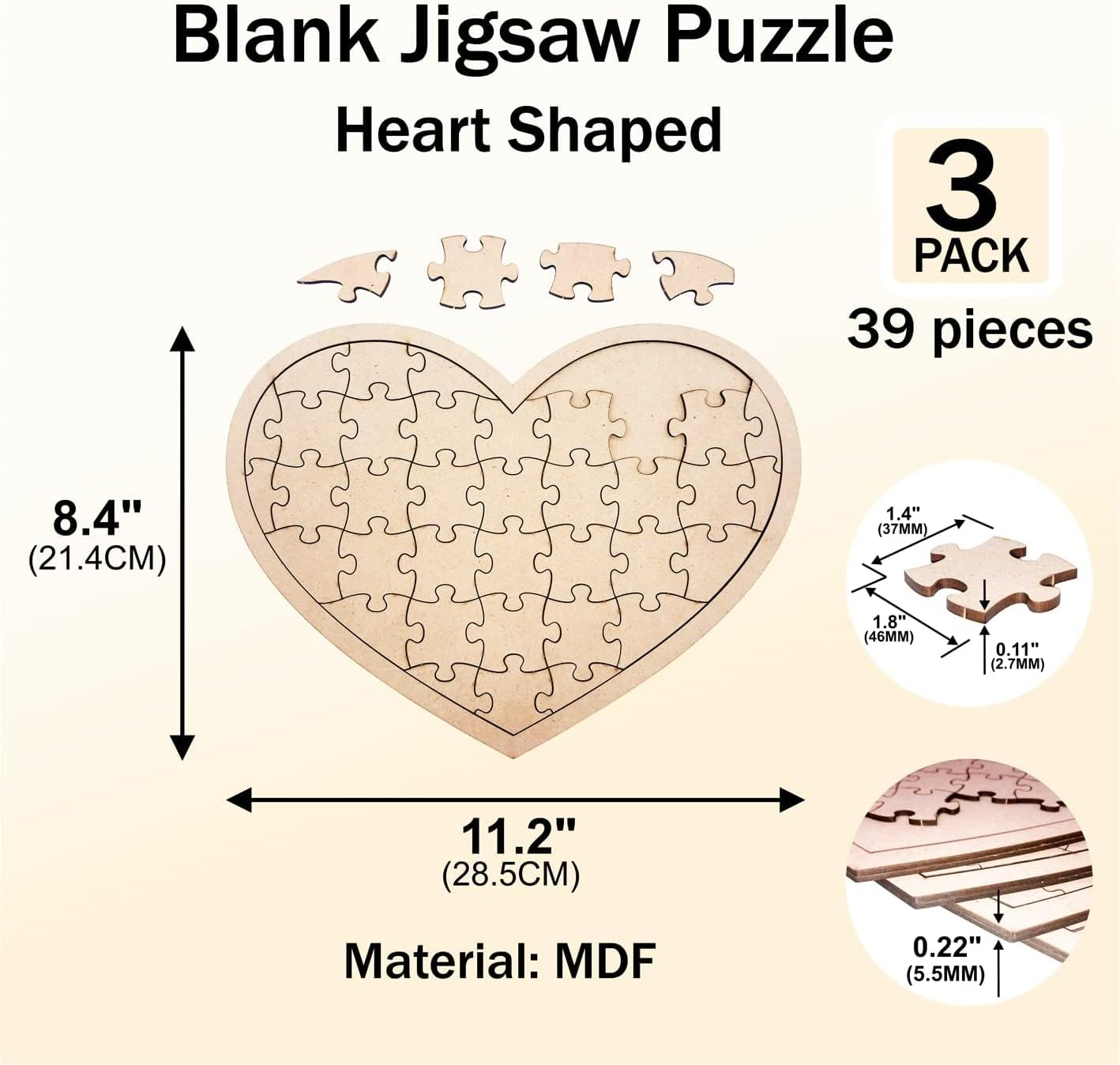 3 Pack Blank Wooden Heart Shaped Jigsaw Puzzle 11.2x8.4 Inch Unfinished Wooden Puzzle Board Heart Shaped Canvas for DIY