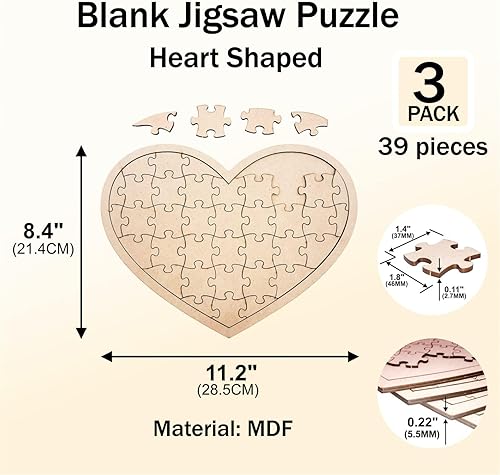 Miniatura 4 de Paquete de 3 rompecabezas de madera en blanco en forma de corazón sin terminar, tablero de madera en forma de corazón para bricolaje con 39 piezas