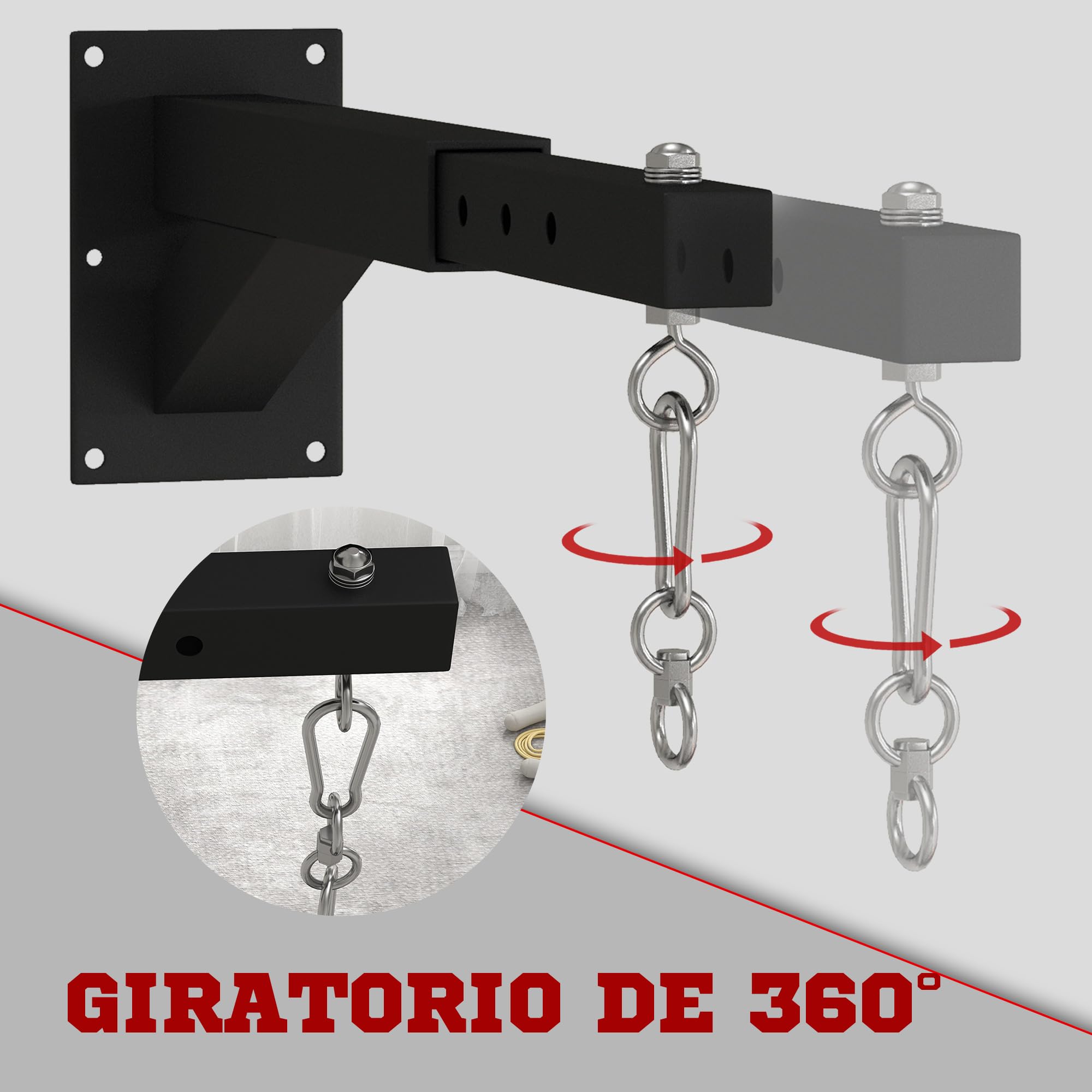 SPORTNOW Soporte Saco Boxeo de Pared, Distancia Ajustable 45-65 cm, Gancho Giratorio 360°, Cadenas, Carga 60 kg, Negro