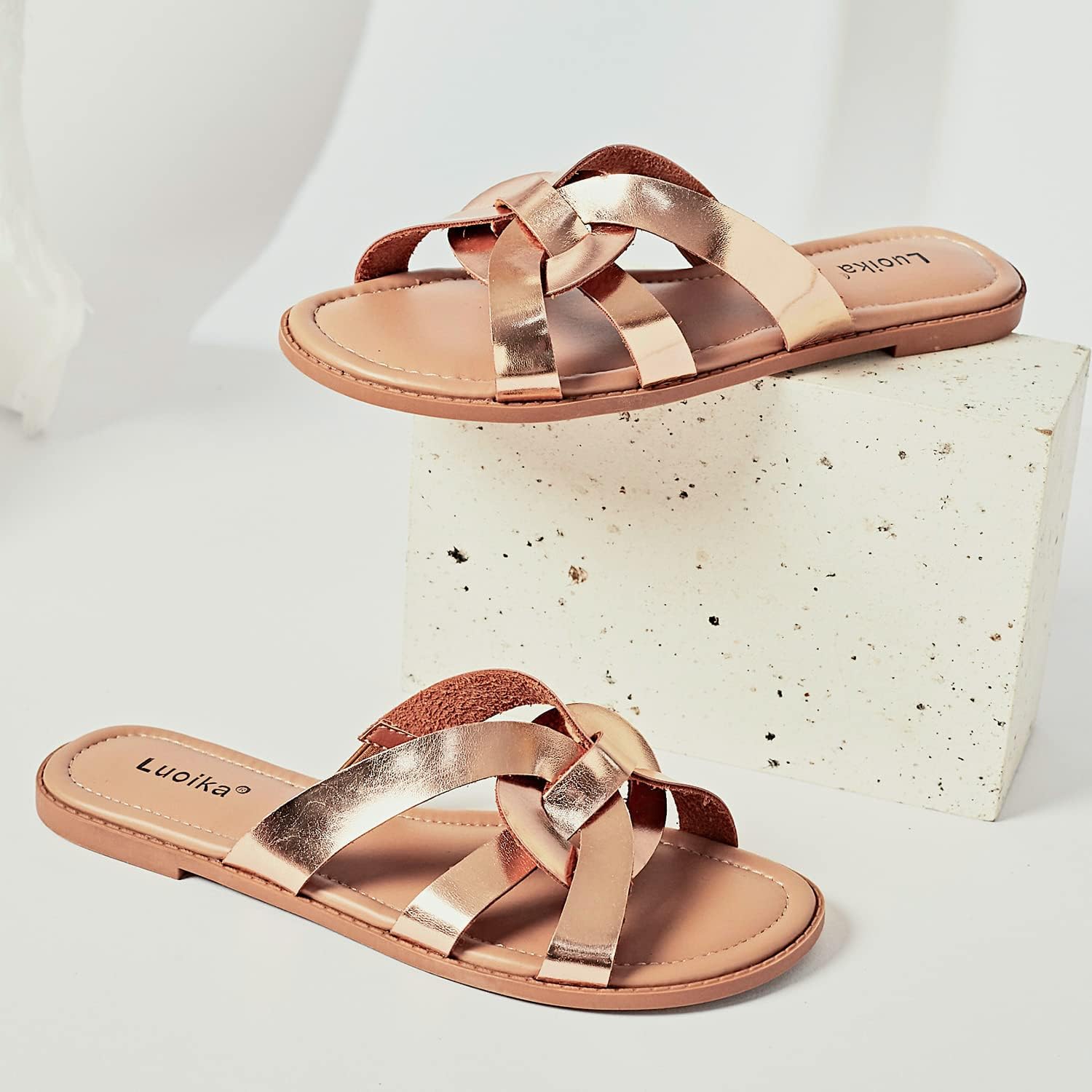 Luoika Women's Wide Width Flat Slides Sandals, Slip on Slide Sandal Casual Comfortable Summer Beach Shoes for Women. - Image 7