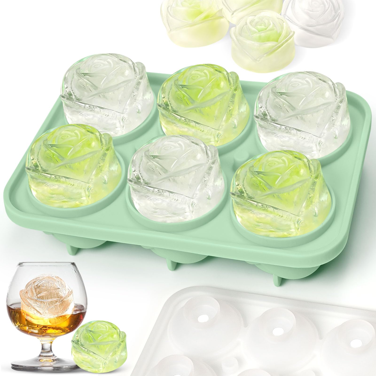 Ice Cube Tray, Silicone Ice Cube Tray, Make 6 Cute Flower Shape Ice, Easy-Release Reusable in Organizer Bins or Ice Bucket for Chilling Cocktails Juice Whiskey Drinks, BPA Free, Green